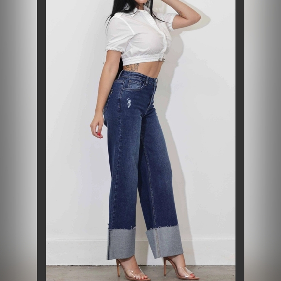 #068 🛑1,3,5,7,9 NEW! BOHO, MOST FABULOUS, CHIC, SEXY Cuff Up Wide Leg Jeans - Picture 2 of 6
